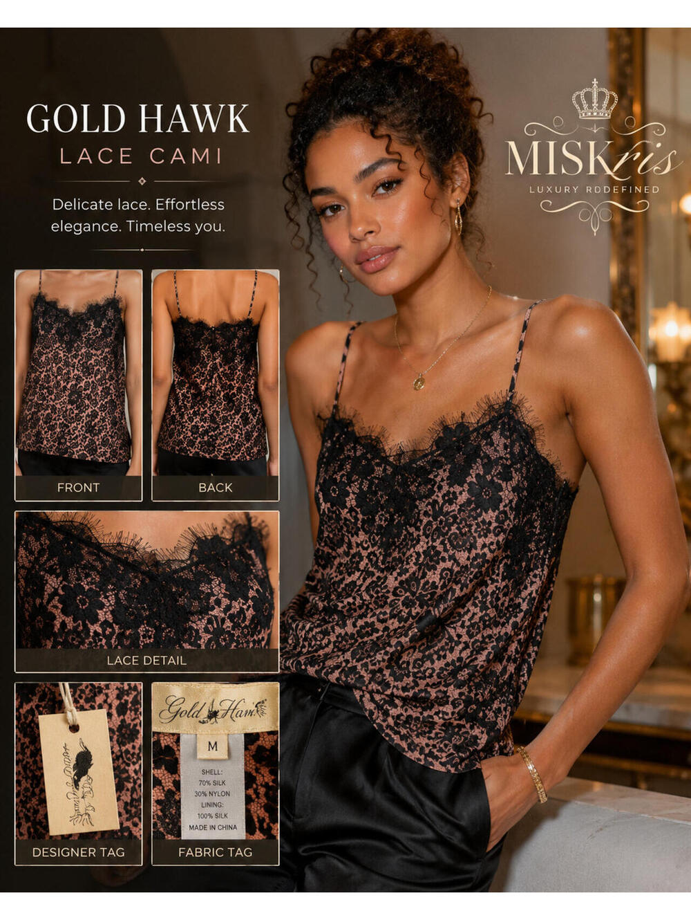 Gold Hawk Lace Cami Top Pink Black Floral Lace Silk Blend Spaghetti Strap M Con